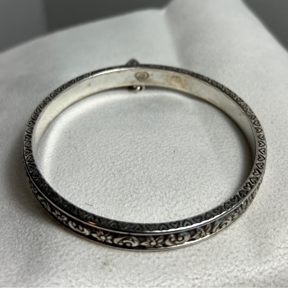 Brighton Etched Floral Bangle Bracelet with Small Heart Charm Silver Plated - Picture 2 of 13